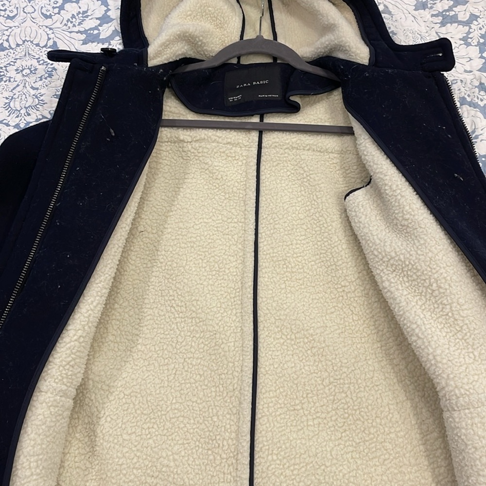 Zara Basic Navy Shearling Hooded Jacket - image 4